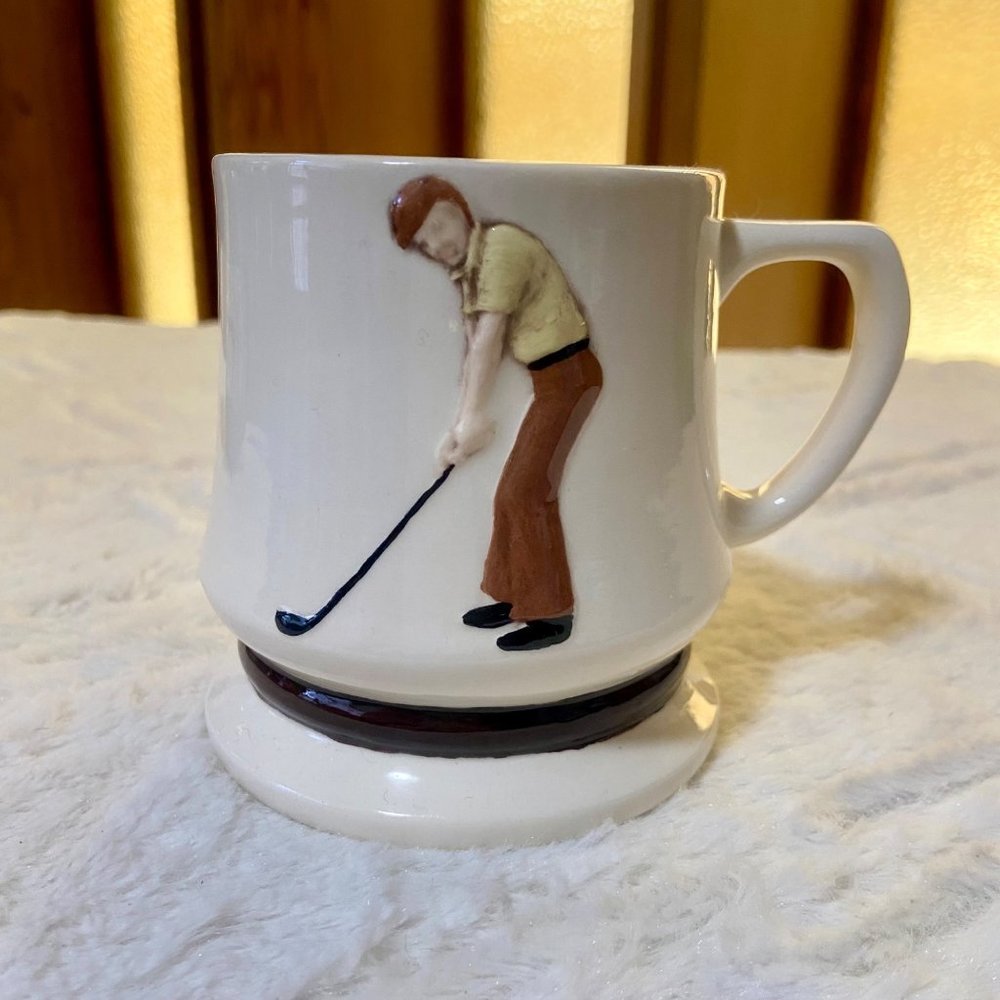 Vintage 70s Golfer Mug Ceramic Hand Painted Retro